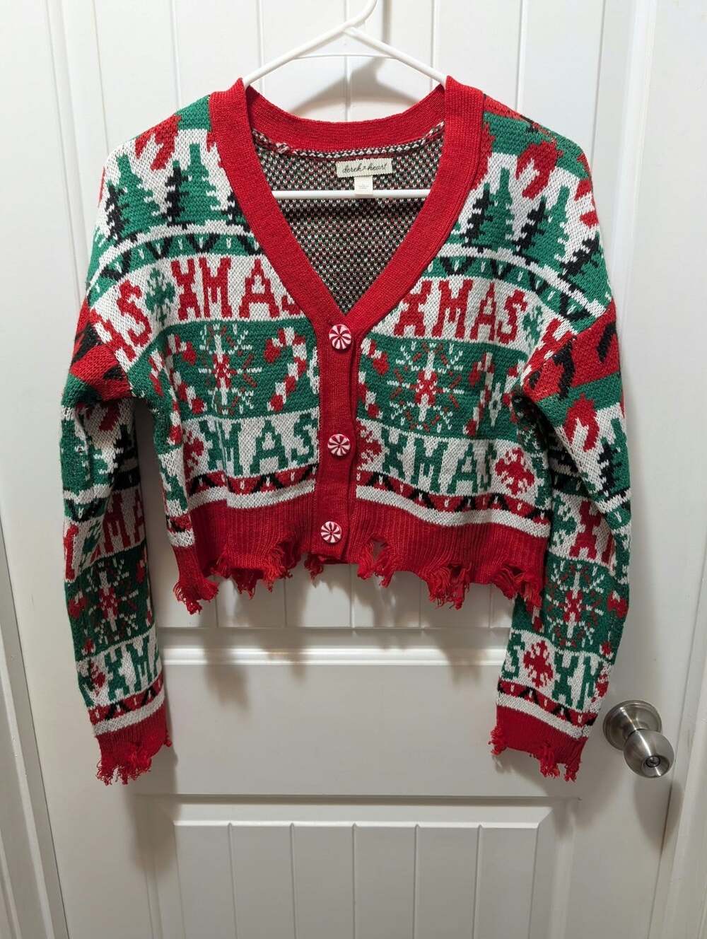 Derek Heart Ugly Christmas Sweater Xmas Cropped Candy Canes Cardigan Sz. L